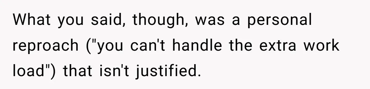What you said, though, was a personal reproach ("you can't handle the extra work load") that isn't justified.