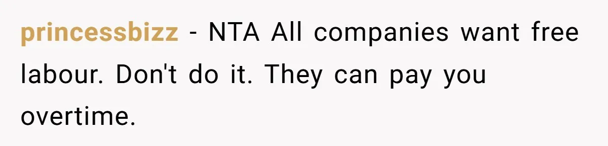 princessbizz − NTA All companies want free labour. Don't do it. They can pay you overtime.