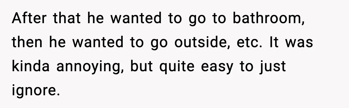 After that he wanted to go to bathroom, then he wanted to go outside, etc. It was kinda annoying, but quite easy to just ignore.