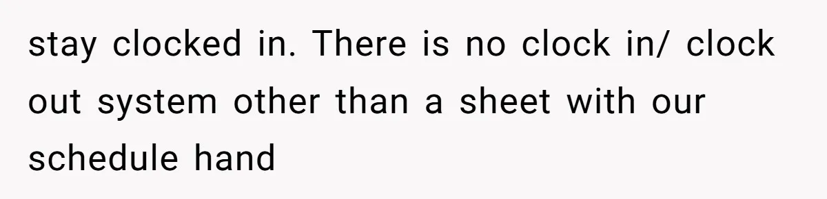stay clocked in. There is no clock in/ clock out system other than a sheet with our schedule hand