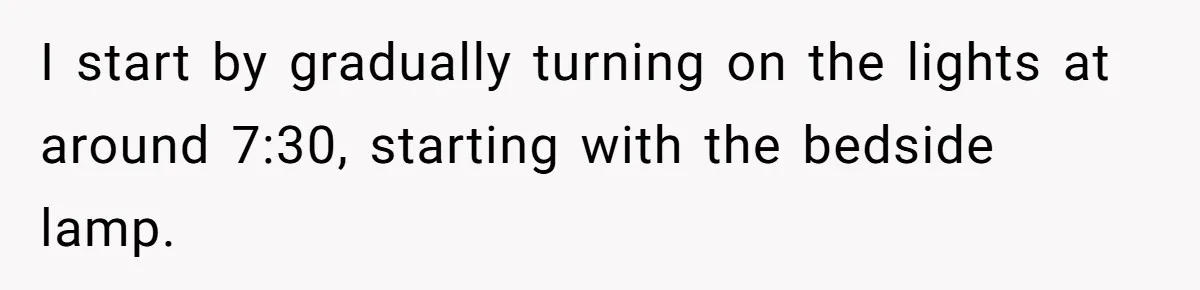 I start by gradually turning on the lights at around 7:30, starting with the bedside lamp.