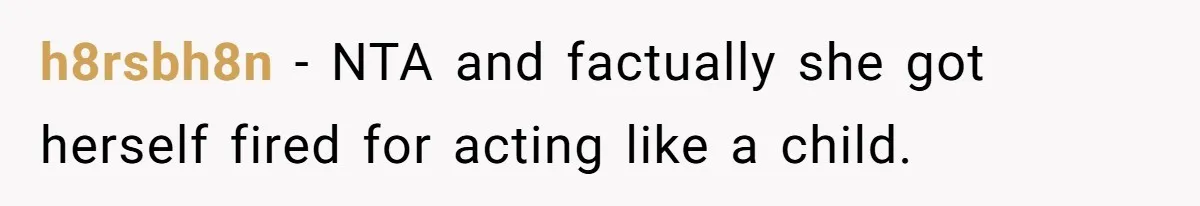 h8rsbh8n − NTA and factually she got herself fired for acting like a child.