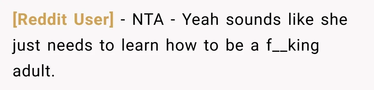 [Reddit User] − NTA - Yeah sounds like she just needs to learn how to be a f__king adult.