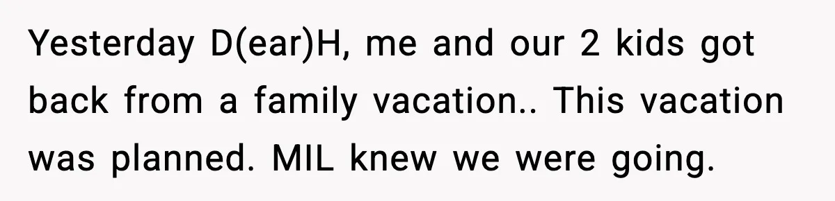 Yesterday D(ear)H, me and our 2 kids got back from a family vacation.. This vacation was planned. MIL knew we were going.
