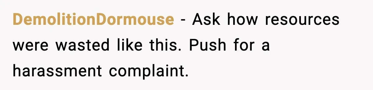 DemolitionDormouse - Ask how resources were wasted like this. Push for a harassment complaint.