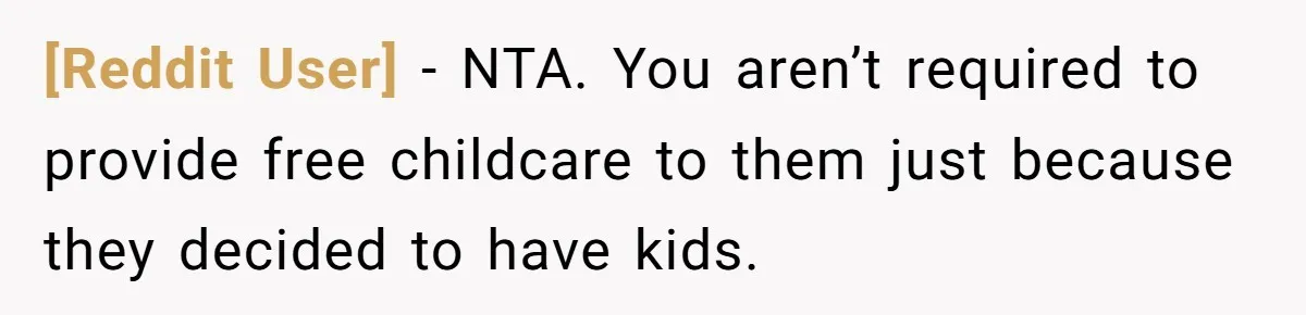 [Reddit User] - NTA. You aren’t required to provide free childcare to them just because they decided to have kids.