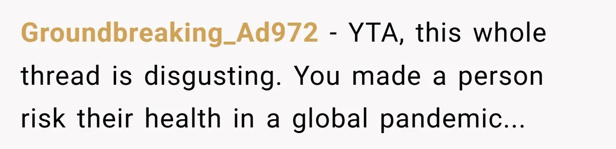 Groundbreaking_Ad972 − YTA, this whole thread is disgusting. You made a person risk their health in a global pandemic...
