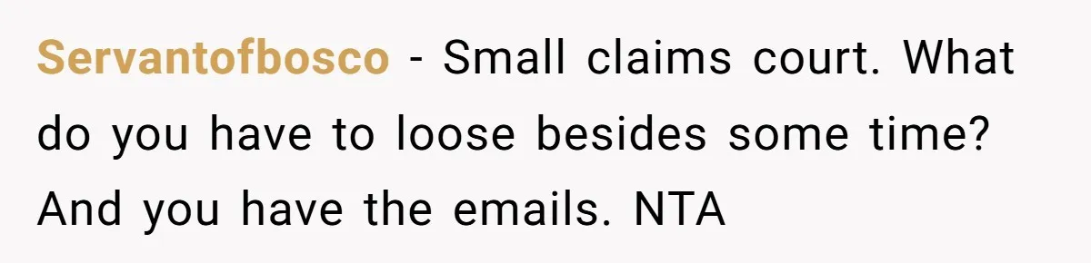 Servantofbosco − Small claims court. What do you have to loose besides some time? And you have the emails. NTA