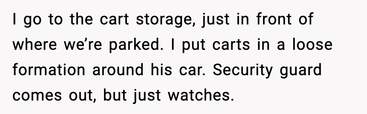 I go to the cart storage, just in front of where we’re parked. I put carts in a loose formation around his car. Security guard comes out, but just watches.