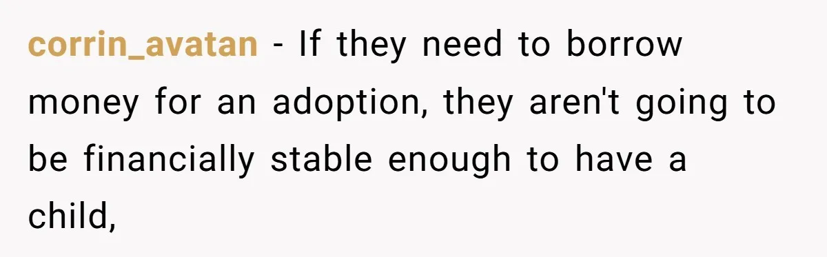 corrin_avatan − If they need to borrow money for an adoption, they aren't going to be financially stable enough to have a child,
