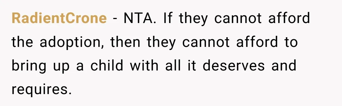 RadientCrone − NTA. If they cannot afford the adoption, then they cannot afford to bring up a child with all it deserves and requires.