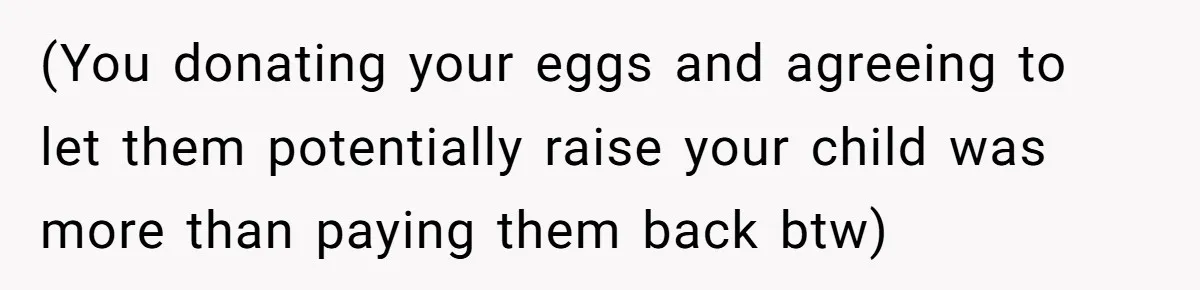 (You donating your eggs and agreeing to let them potentially raise your child was more than paying them back btw)