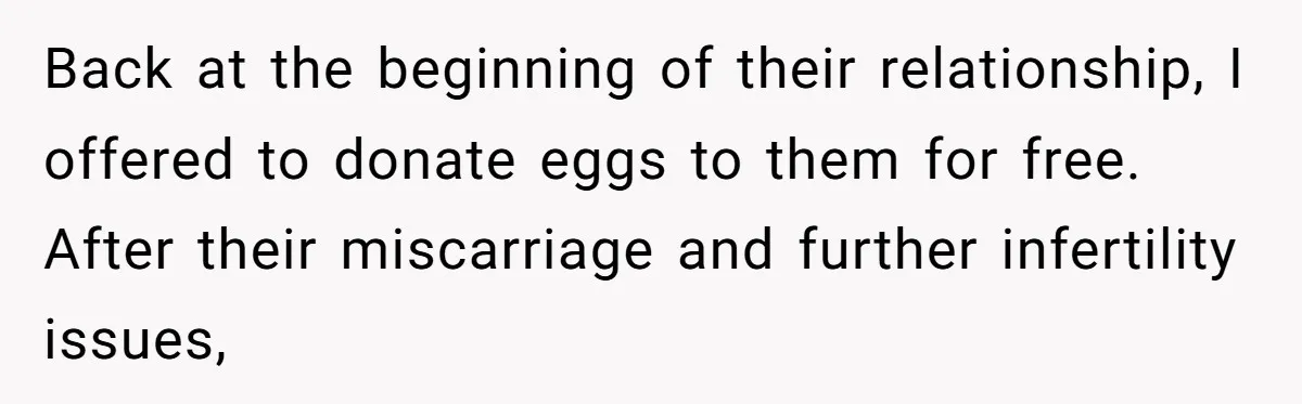 Back at the beginning of their relationship, I offered to donate eggs to them for free. After their miscarriage and further infertility issues,