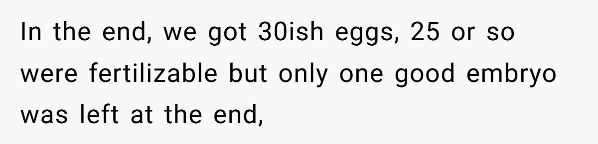 In the end, we got 30ish eggs, 25 or so were fertilizable but only one good embryo was left at the end,