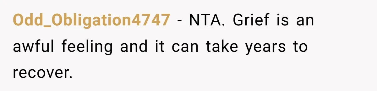 Odd_Obligation4747 − NTA. Grief is an awful feeling and it can take years to recover.