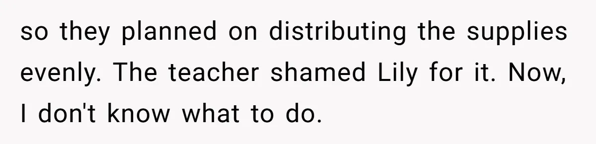 so they planned on distributing the supplies evenly. The teacher shamed Lily for it. Now, I don't know what to do.