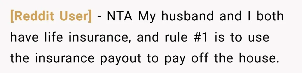 [Reddit User] − NTA My husband and I both have life insurance, and rule #1 is to use the insurance payout to pay off the house.