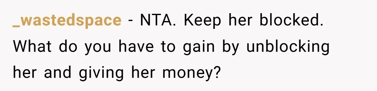 Life After a Soldier’s Loss: Navigating the Complex Feelings of Military Insurance and Family Tension _wastedspace − NTA. Keep her blocked. What do you have to gain by unblocking her and giving her money?