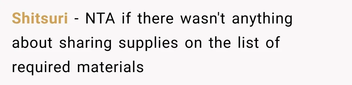 Shitsuri − NTA if there wasn't anything about sharing supplies on the list of required materials