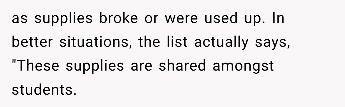 as supplies broke or were used up. In better situations, the list actually says, "These supplies are shared amongst students.