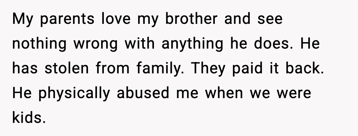 Man Refuses to Fund Brother, Calls Out Parents’ Double Standards My parents love my brother and see nothing wrong with anything he does. He has stolen from family. They paid it back. He physically abused me when we were kids.