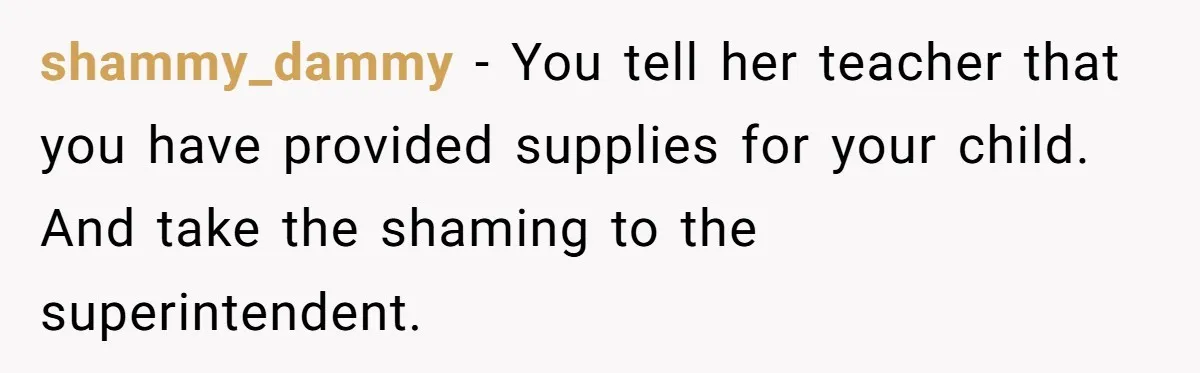 shammy_dammy − You tell her teacher that you have provided supplies for your child. And take the shaming to the superintendent.