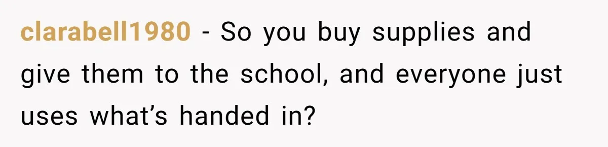 clarabell1980 − So you buy supplies and give them to the school, and everyone just uses what’s handed in?