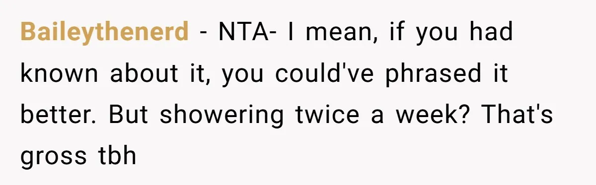 Baileythenerd − NTA- I mean, if you had known about it, you could've phrased it better. But showering twice a week? That's gross tbh