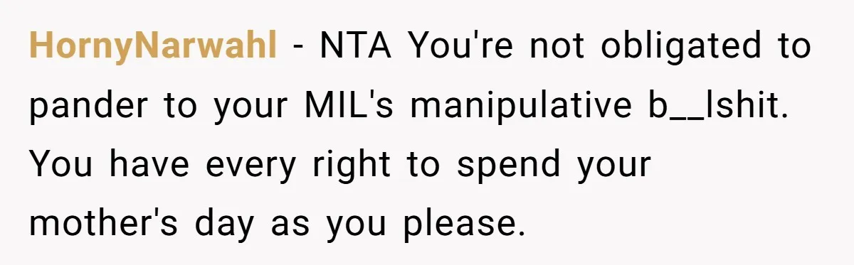 Daughter-in-Law Faces Backlash for Choosing Her Own Couch Over Her Mother-in-Law’s House HornyNarwahl − NTA You're not obligated to pander to your MIL's manipulative b__lshit. You have every right to spend your mother's day as you please.