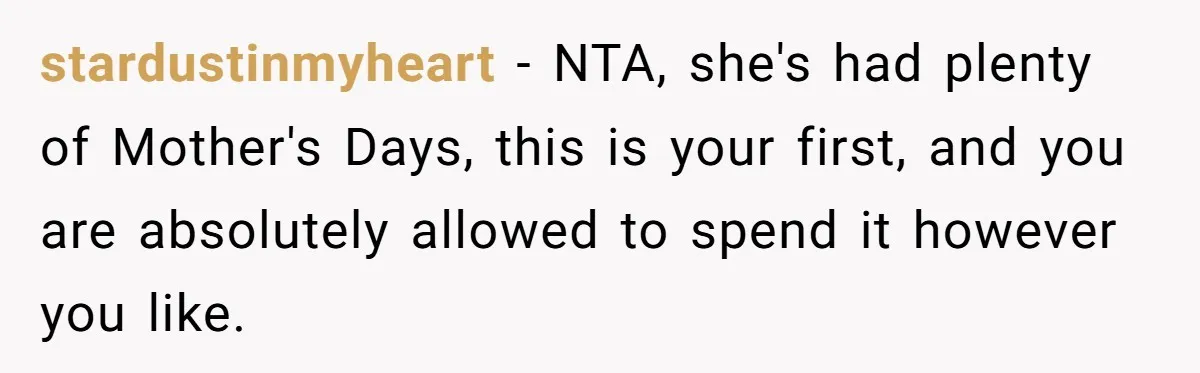 Daughter-in-Law Faces Backlash for Choosing Her Own Couch Over Her Mother-in-Law’s House stardustinmyheart − NTA, she's had plenty of Mother's Days, this is your first, and you are absolutely allowed to spend it however you like.