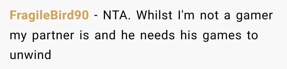 FragileBird90 − NTA. Whilst I'm not a gamer my partner is and he needs his games to unwind