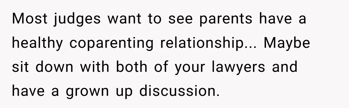 Most judges want to see parents have a healthy coparenting relationship... Maybe sit down with both of your lawyers and have a grown up discussion.