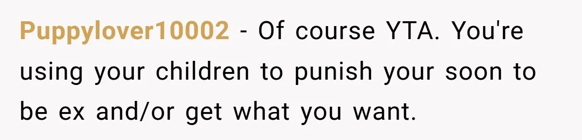 Puppylover10002 − Of course YTA. You're using your children to punish your soon to be ex and/or get what you want.