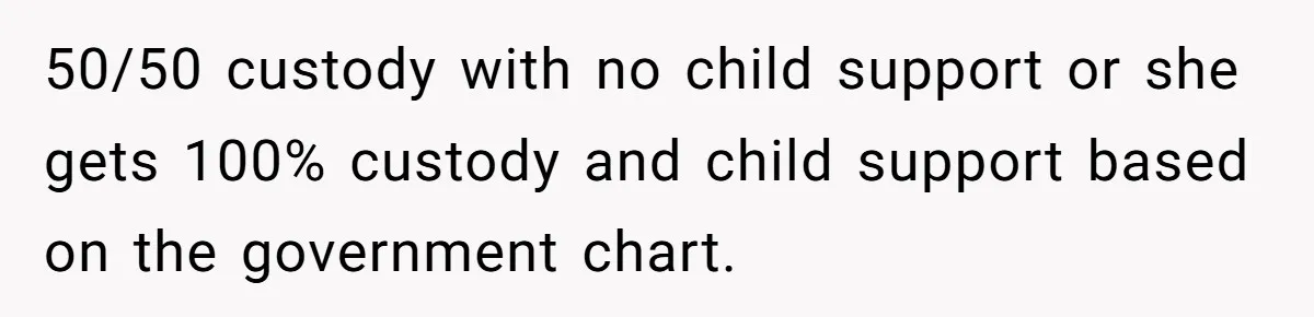 50/50 custody with no child support or she gets 100% custody and child support based on the government chart.
