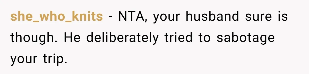 she_who_knits − NTA, your husband sure is though. He deliberately tried to sabotage your trip.