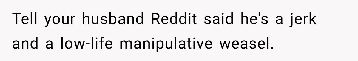 Tell your husband Reddit said he's a jerk and a low-life manipulative weasel.