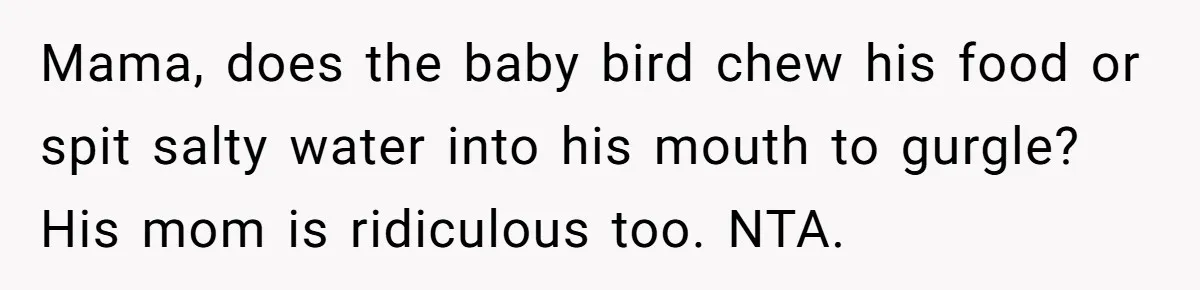 Mama, does the baby bird chew his food or spit salty water into his mouth to gurgle? His mom is ridiculous too. NTA.