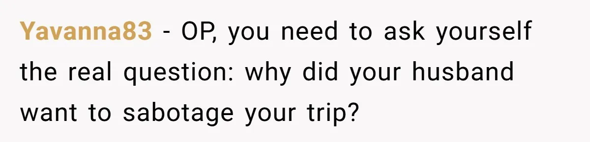 Yavanna83 − OP, you need to ask yourself the real question: why did your husband want to sabotage your trip?