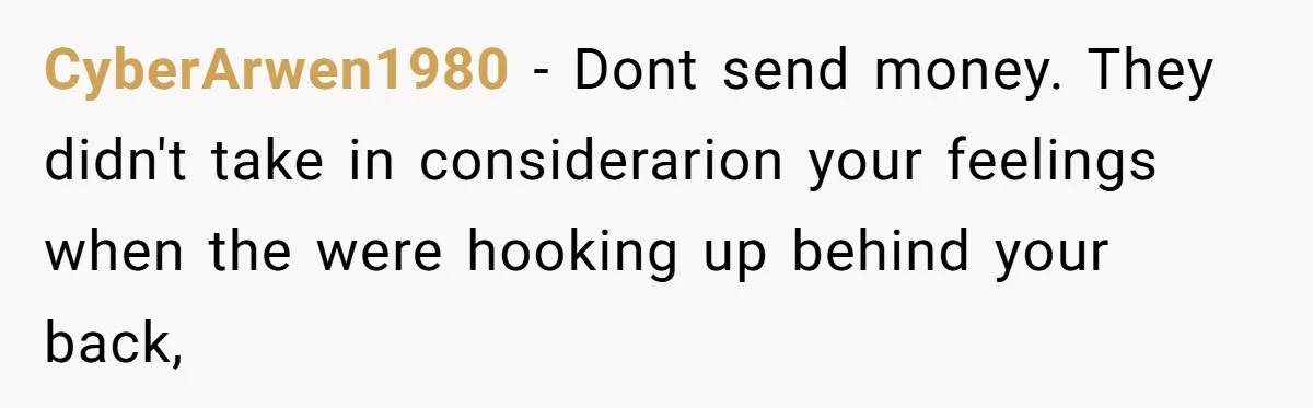 CyberArwen1980 − Dont send money. They didn't take in considerarion your feelings when the were hooking up behind your back,