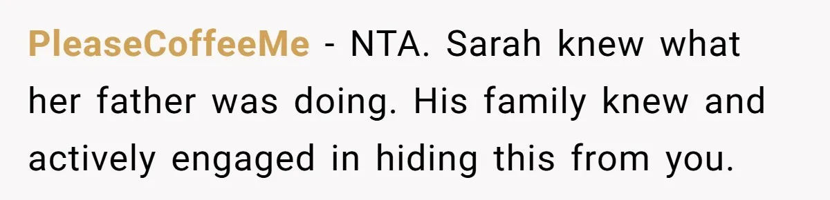 PleaseCoffeeMe − NTA. Sarah knew what her father was doing. His family knew and actively engaged in hiding this from you.