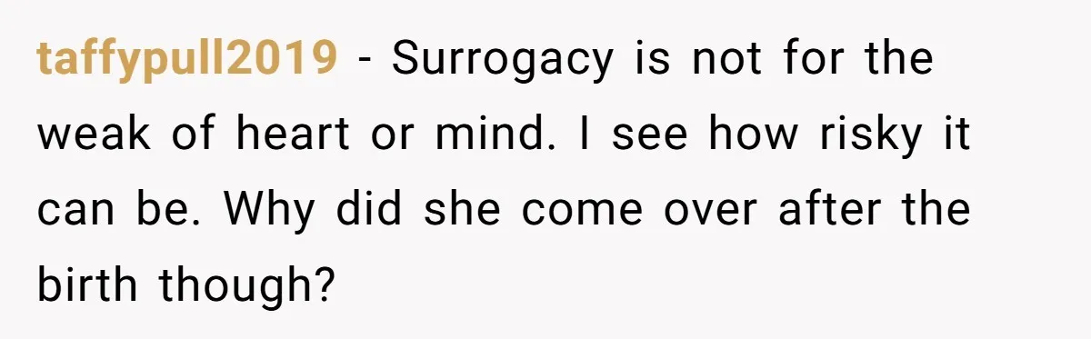 taffypull2019 − Surrogacy is not for the weak of heart or mind. I see how risky it can be. Why did she come over after the birth though?