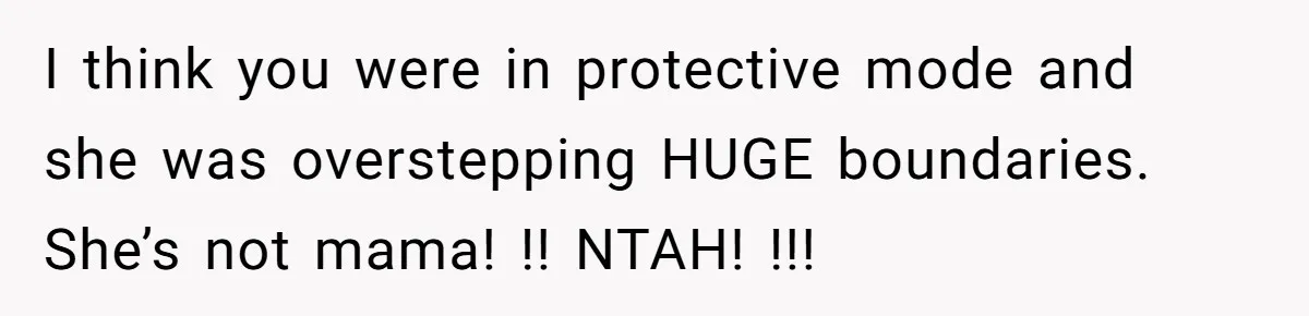 I think you were in protective mode and she was overstepping HUGE boundaries. She’s not mama! !! NTAH! !!!