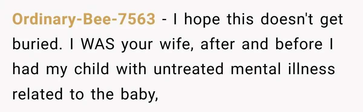 Ordinary-Bee-7563 − I hope this doesn't get buried. I WAS your wife, after and before I had my child with untreated mental illness related to the baby,