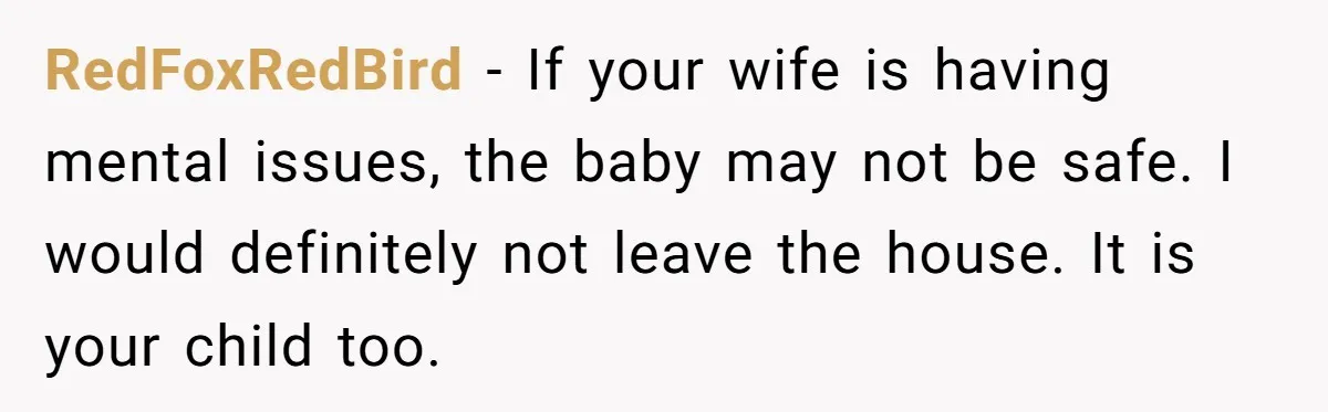 RedFoxRedBird − If your wife is having mental issues, the baby may not be safe. I would definitely not leave the house. It is your child too.