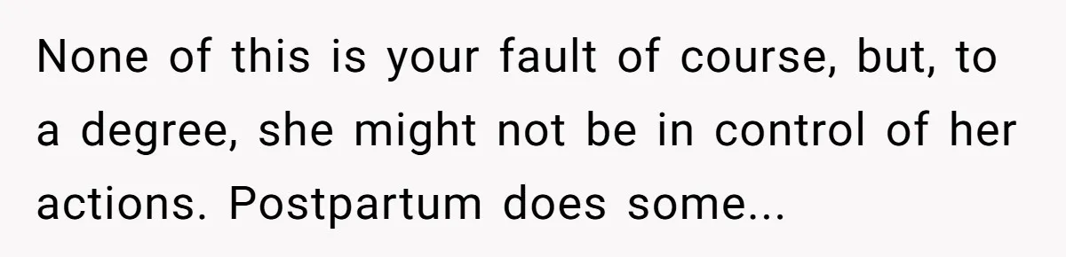 None of this is your fault of course, but, to a degree, she might not be in control of her actions. Postpartum does some...