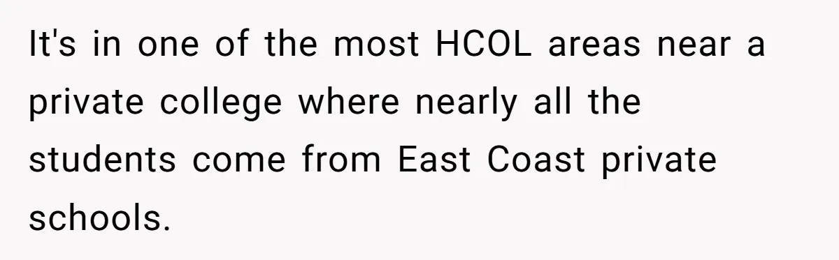 Wife Quits Job After Inheriting Millions, Husband Threatens To Quit Too It's in one of the most HCOL areas near a private college where nearly all the students come from East Coast private schools.