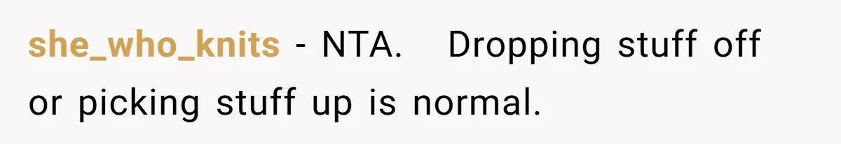 she_who_knits − NTA.   Dropping stuff off or picking stuff up is normal.