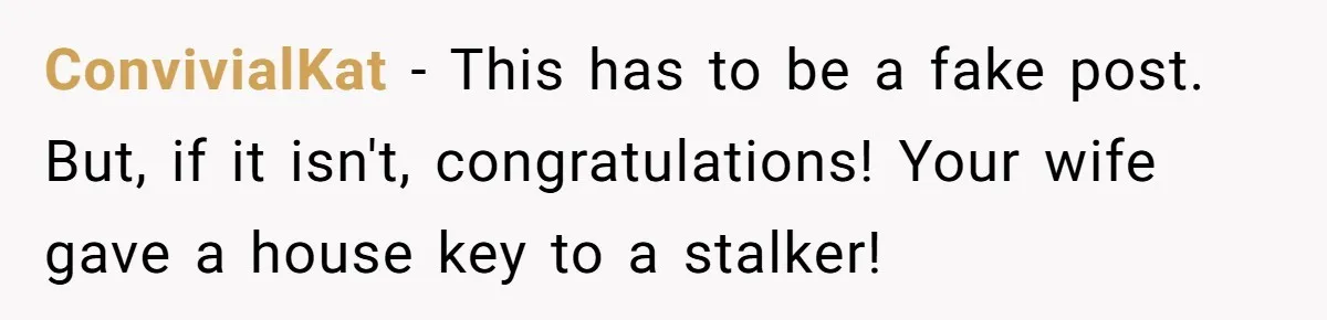 ConvivialKat − This has to be a fake post. But, if it isn't, congratulations! Your wife gave a house key to a stalker!