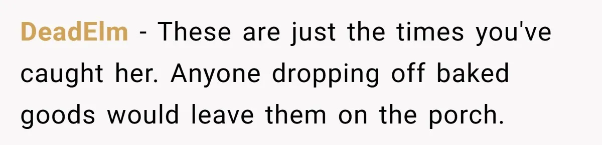 DeadElm − These are just the times you've caught her. Anyone dropping off baked goods would leave them on the porch.