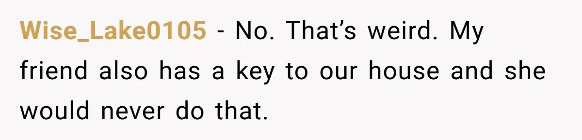 Wise_Lake0105 − No. That’s weird. My friend also has a key to our house and she would never do that.